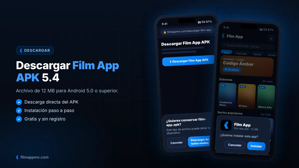 Pantalla de descarga e instalación de Film App APK en un celular Android