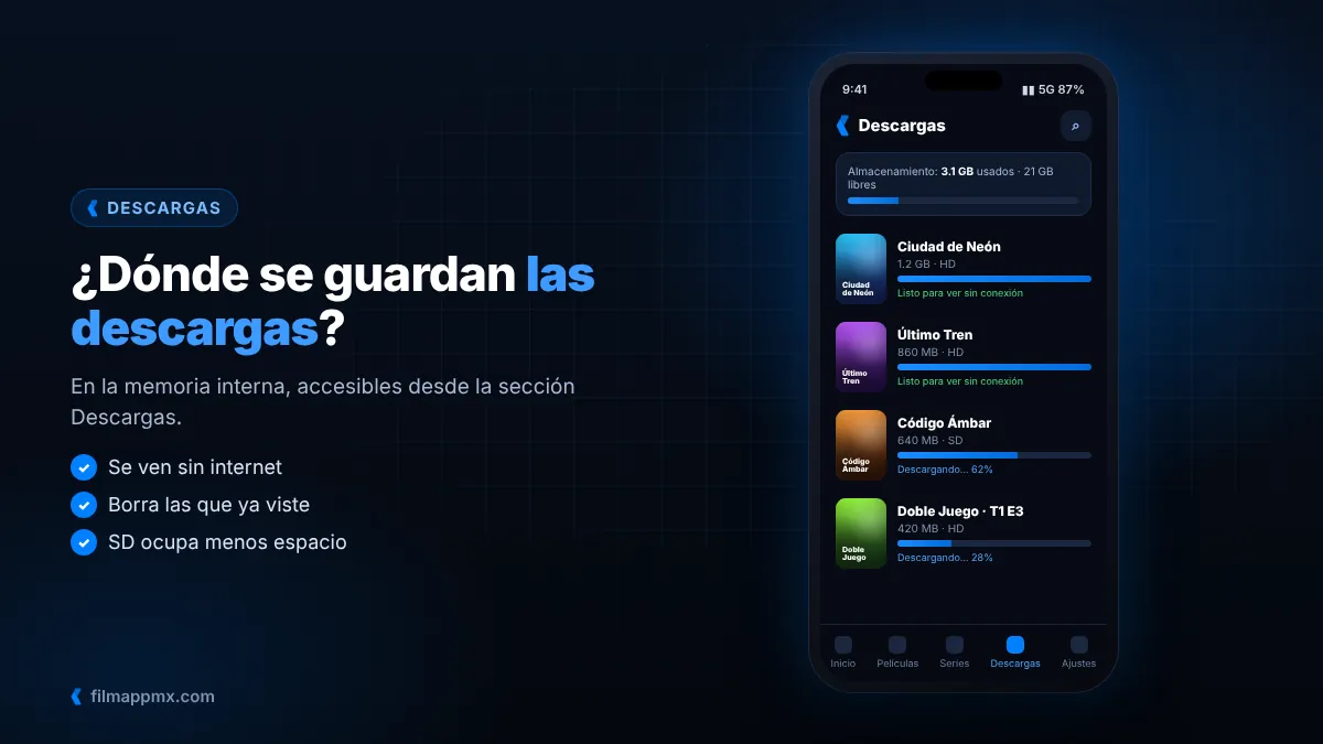 Lista de películas descargadas en Film App y espacio usado en memoria