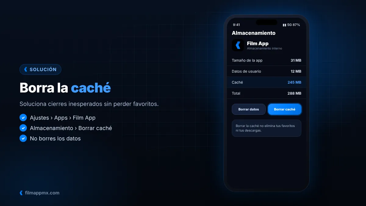 Borrar caché de Film App en los ajustes de almacenamiento de Android