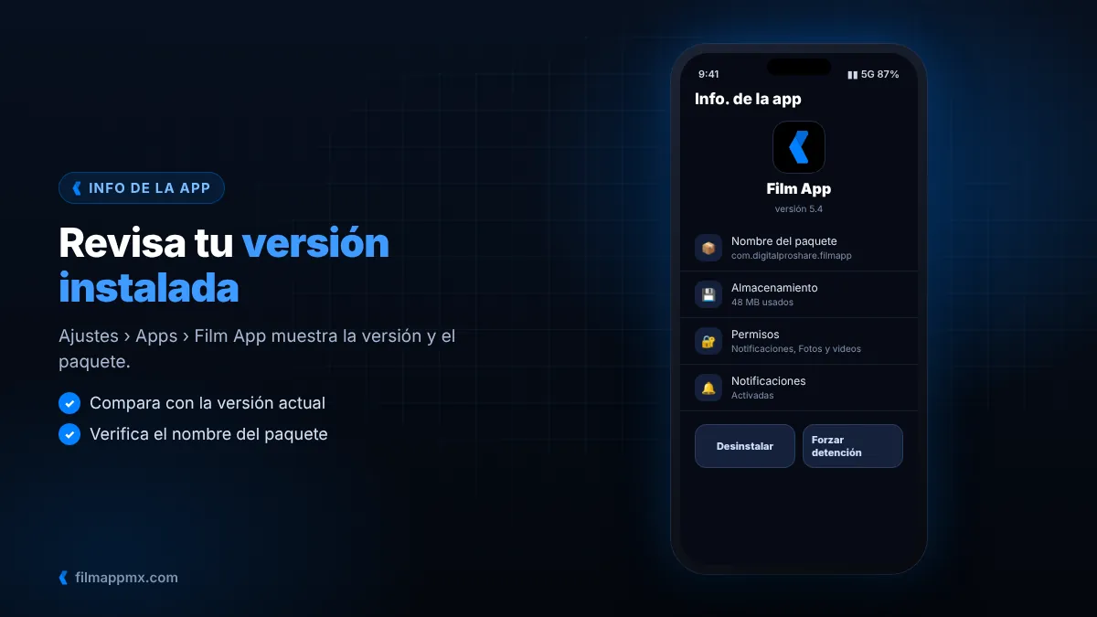Pantalla de información de versión de Film App en Android