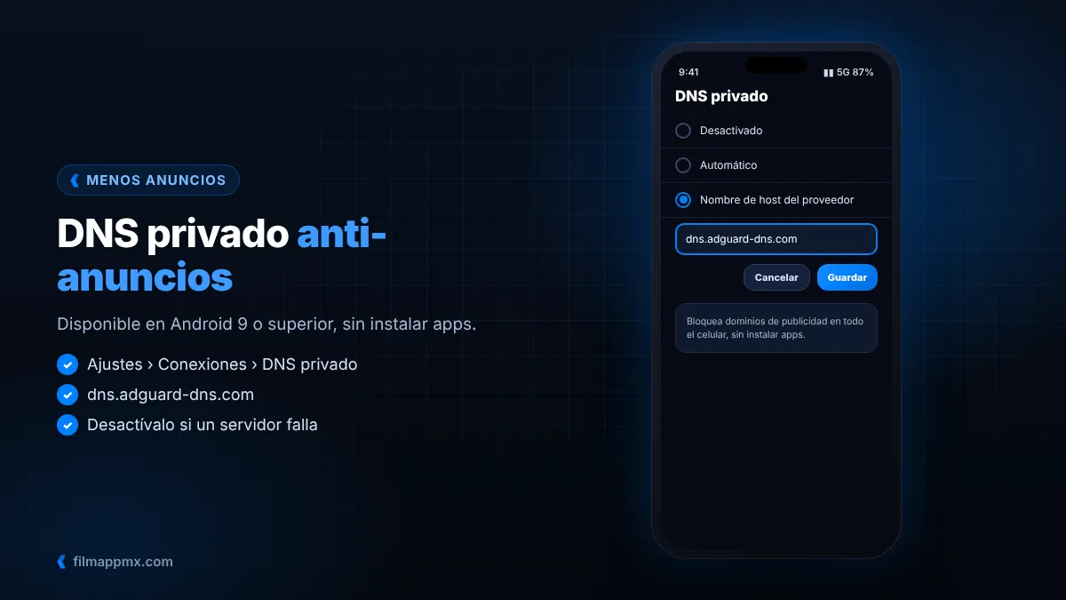 Configuración de DNS privado en Android para bloquear anuncios en Film App