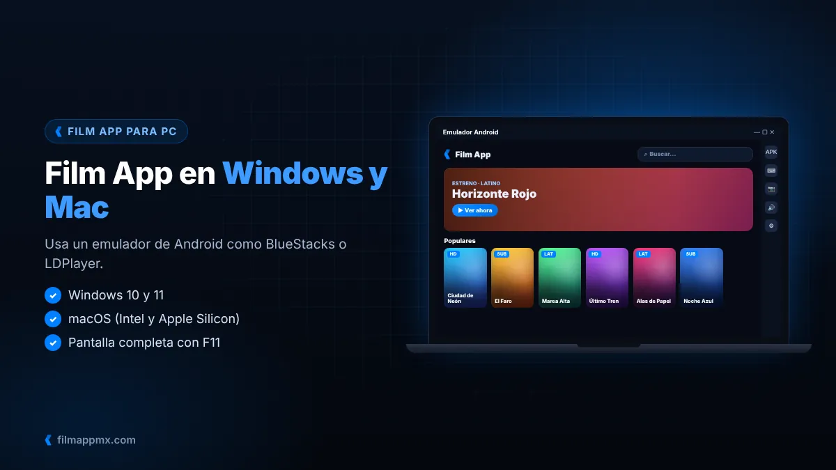 Film App instalada en BlueStacks en una laptop con Windows