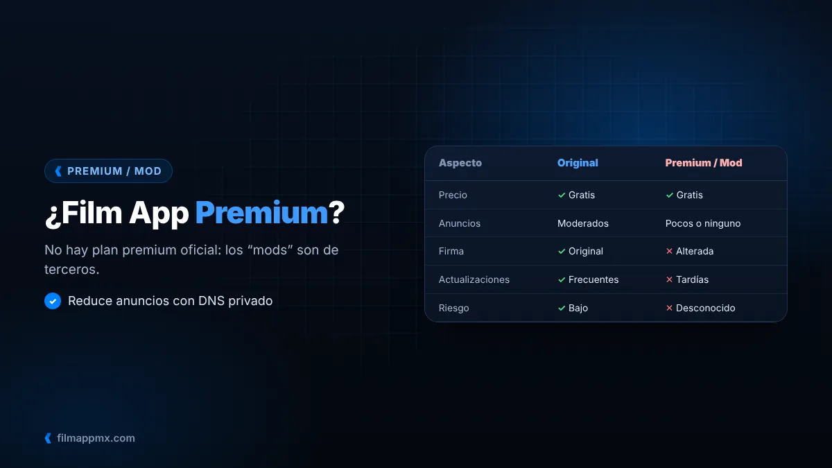 Comparación entre Film App original con anuncios y una versión premium modificada